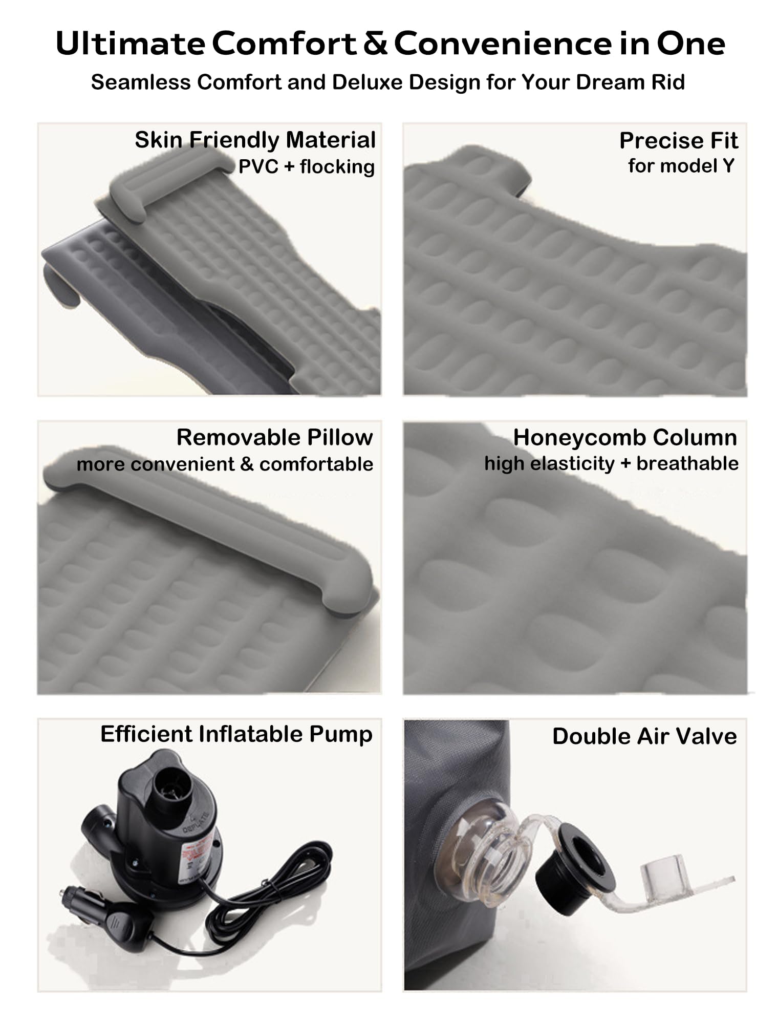 Anglink Tesla Model Y Camping Mattress - Portable Tesla Model Y Car Air Mattress Sleeping Pad with Pillow, Air Pump & Storage Bag, Tesla Accessories Inflatable Bed for Travel丨Twin Size Gray