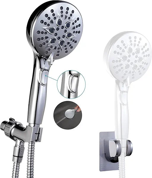 GwernKB Handheld Shower Head with on off Switch&Built-in Power Spray,7-Setting High Pressure Spray Shower Wand with 79in Long Hose&Bracket and Extra Adhesive Shower Holder for Lower Mount,Chrome