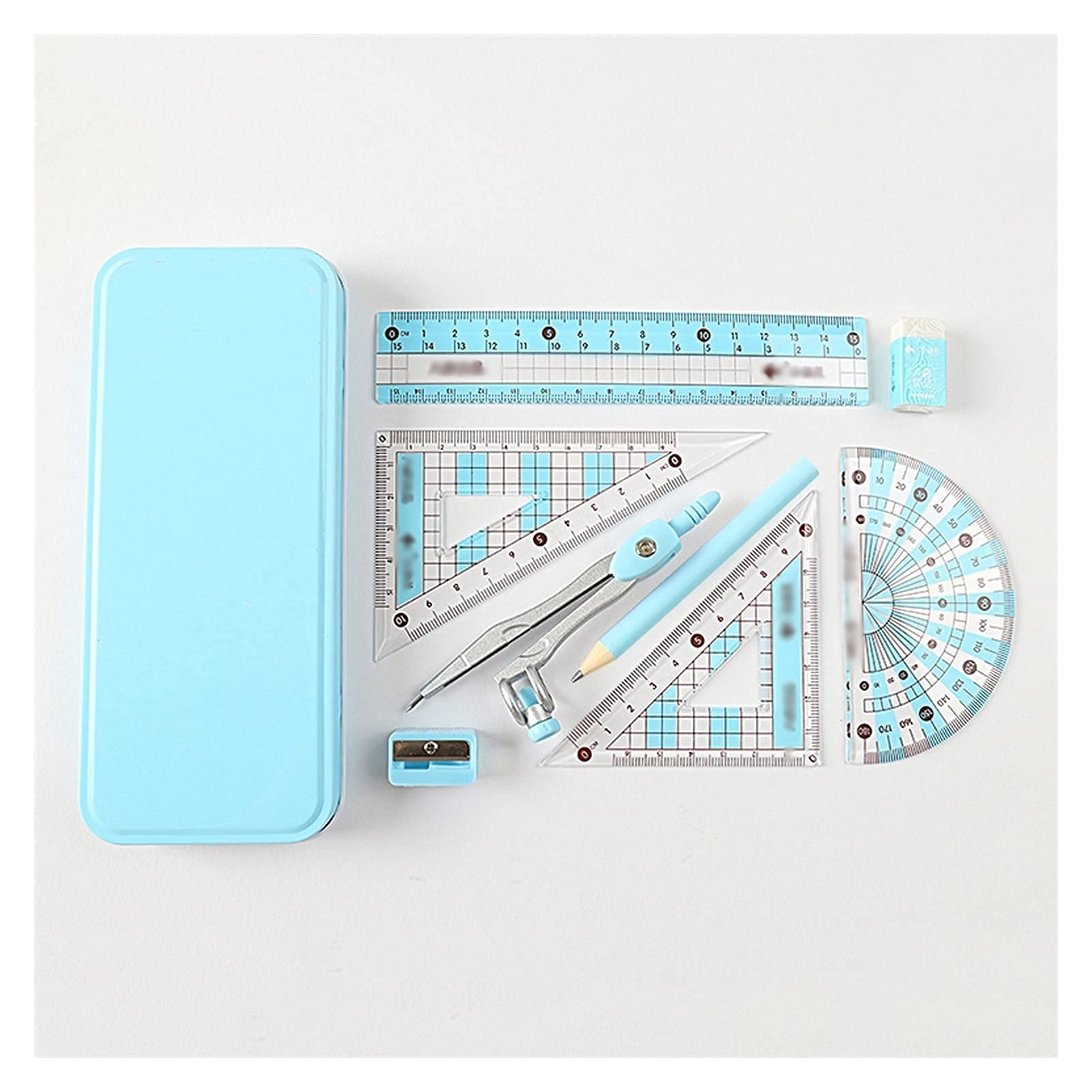 Mathe-Geometrie-Set, Geometrie-Set, 8-teiliges Mathematik-Werkzeugset mit Zirkel, Winkelmesser, Bleistift, Radiergummi, Dreieck, 6-Zoll-Lineal, Aufbewahrungsbox, Geometrie-Set(Blue)