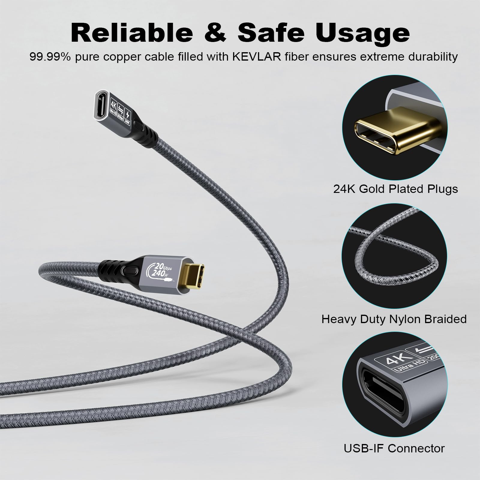 Cable de extensión USB C 3.2 de 20 pies, 6 m, 20 Gbps, USBC 3.2 Gen2 tipo C macho a hembra, cable extensor Ultra HD 4K a 60Hz 240W carga 20Gbps transferencia de datos compatible con SSD