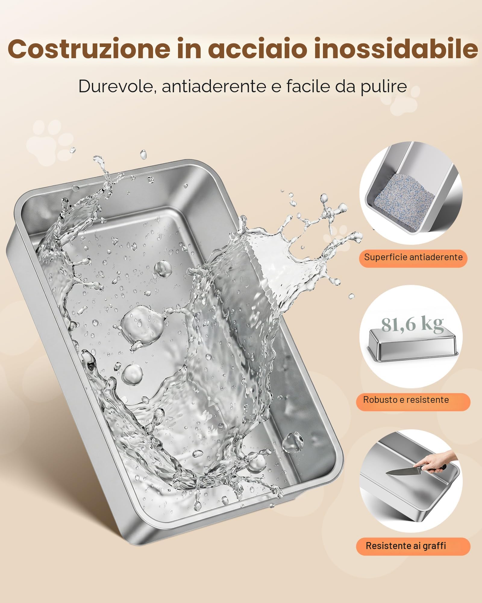 Lettiera Gatto Acciaio Inox, Lettiera per Gatti con Paletta, Toilette per Gatti Grande XXL, Sabbiera Alta Rimovibili, Antiodore, Facile da Pulire, Antiaderente e Spaziosa, Grigio Chiaro