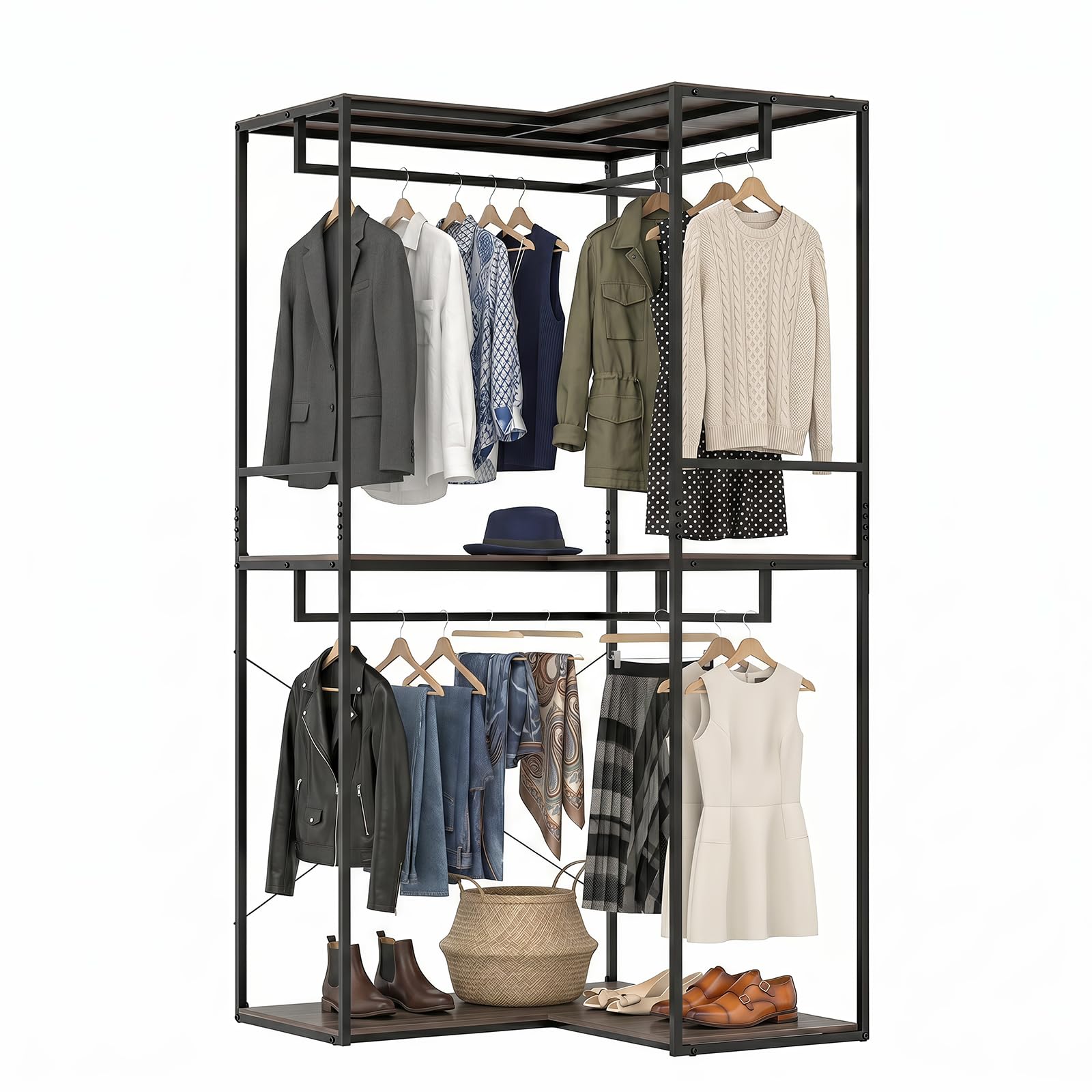GYMAX Perchero de Pie en Forma de L, Guardarropa de 3 Niveles Independiente con Estantes Abiertos, Barras para Colgar, Estructura Metálica, Armario Organizador de Ropa Esquinero para Salón Dormitorio