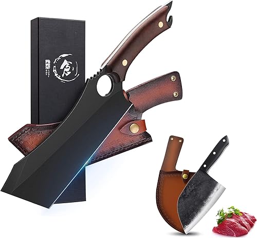 Cuchillo de carnicero para carne, cuchillo para deshuesar carne negro de 10 pulgadas, cuchillo vikingo de cocina afilado de acero de alto carbono