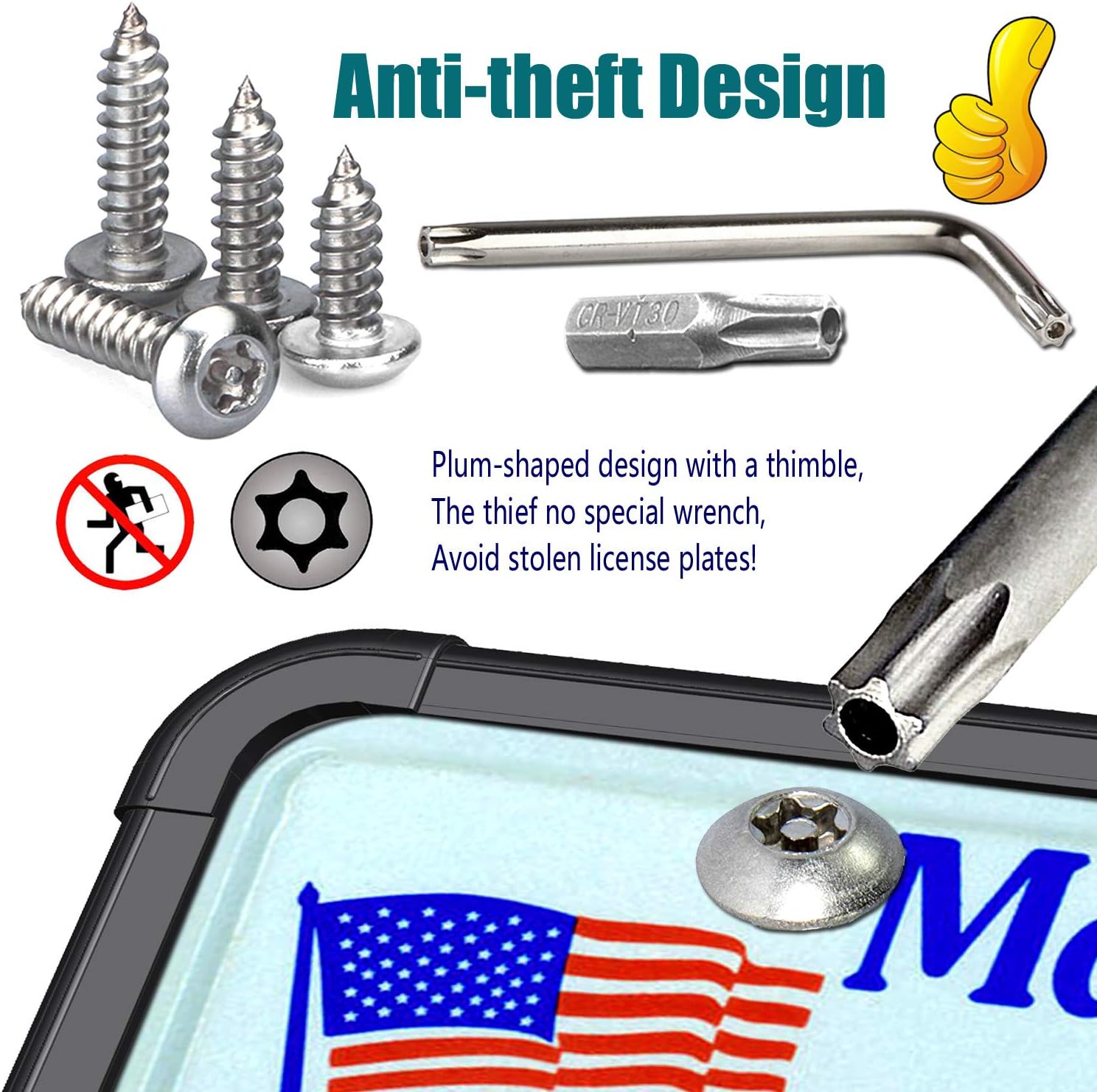 PRUST Anti Theft License Plate Frame- Black Silicone Car Plate Holder and Stainless Steel Tamper-Proof Screws kit, with License Plate Mounting Hardware- M6 Security Self-Tapping Bolts, Nuts, Caps