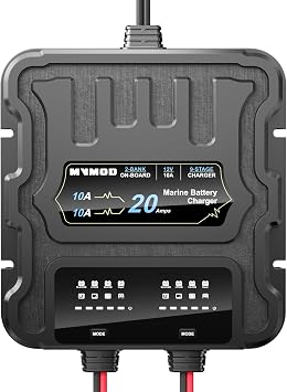 2 Bank Marine Battery Charger, 20A 10A/Bank 12V IP68 Waterproof Lithium Onboard Battery Charger for SLA/AGM, LithiumLiFePO4, Calcium Batteries