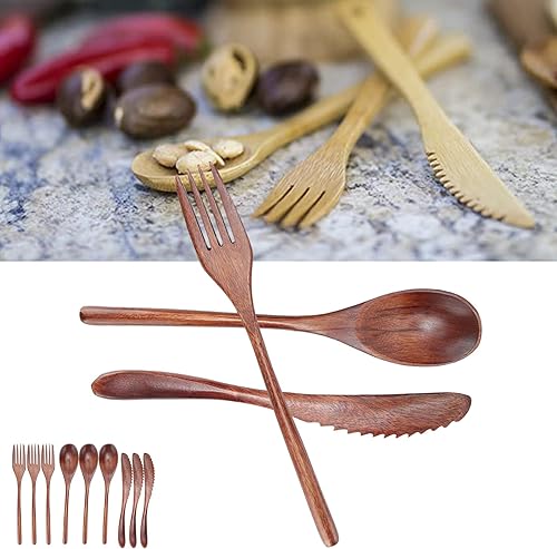 Miniatura 2 de Juego de cubiertos, 3 piezas de madera cubiertos de madera cuchara tenedor cuchillo juego de cocina cubiertos de madera cubiertos tenedor cuchara