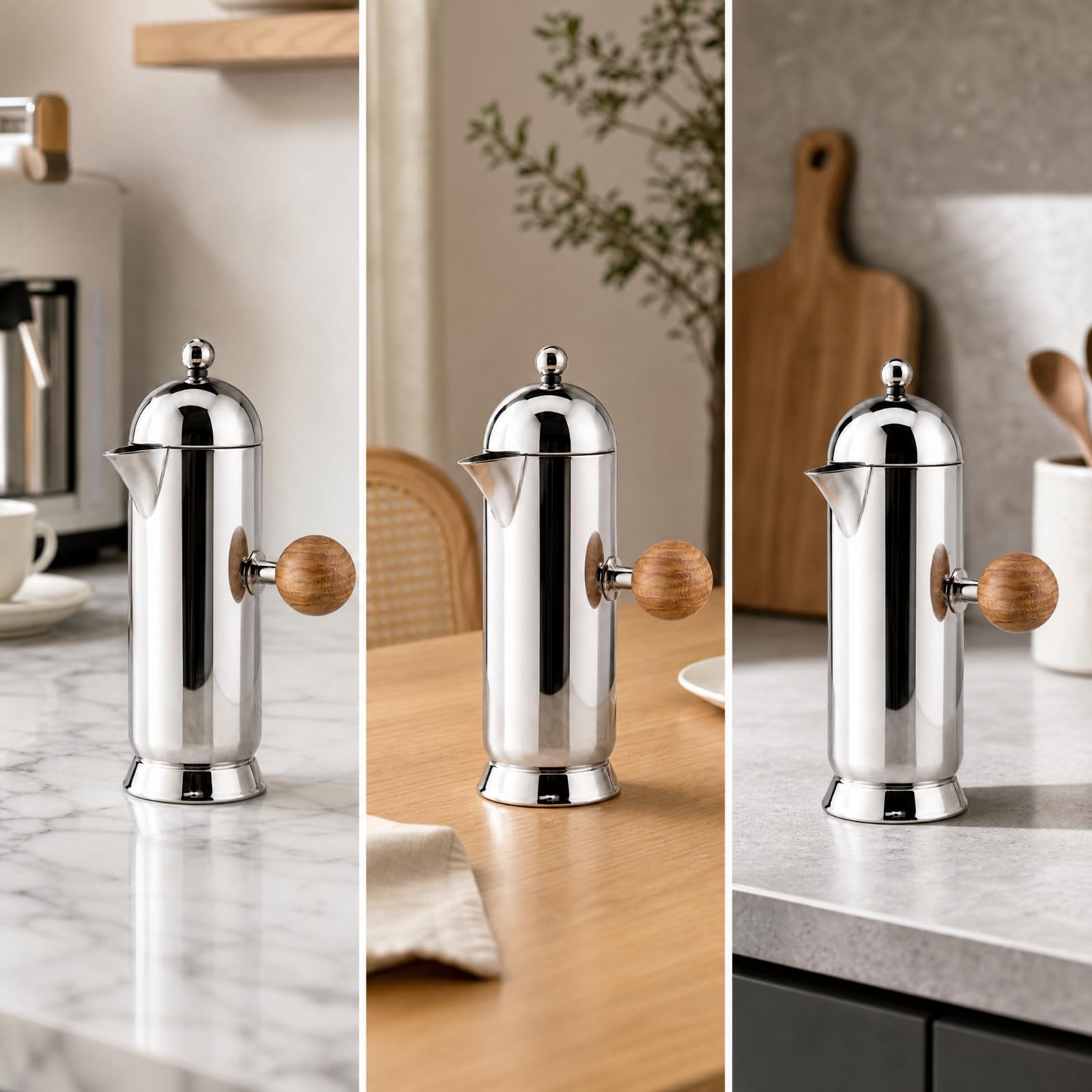 Milageto Cafetera Émbolo Francesa | Acabado Espejo, Cafetera émbolo con Mango Madera, Compacta, para Oficina, L