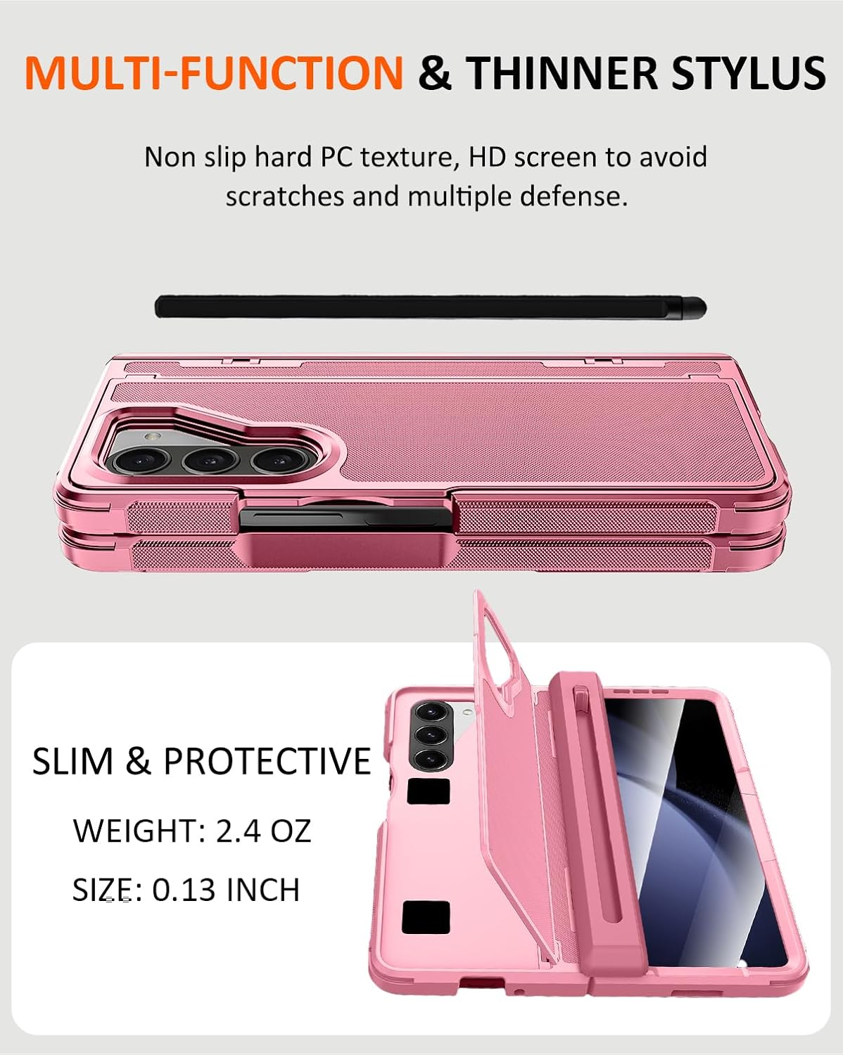 NINKI Stylus for Samsung Galaxy Z Fold 5 Case with Slim S Pen Holder and Hidden Kickstand, Hinge Screen Protector Phone Cover for Samsung Z Fold5 Case with S Pen Slot & Stand Women – Two Tone Pink