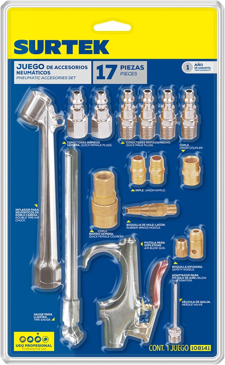 SURTEK Air Tool Accessories Kit - 17-piece Pneumatic Inflator Set with Inflator Chuck, Blow Nozzle, Pressure Gauge, Coupler, 5 Plugs & Compressor Attachments - 108141