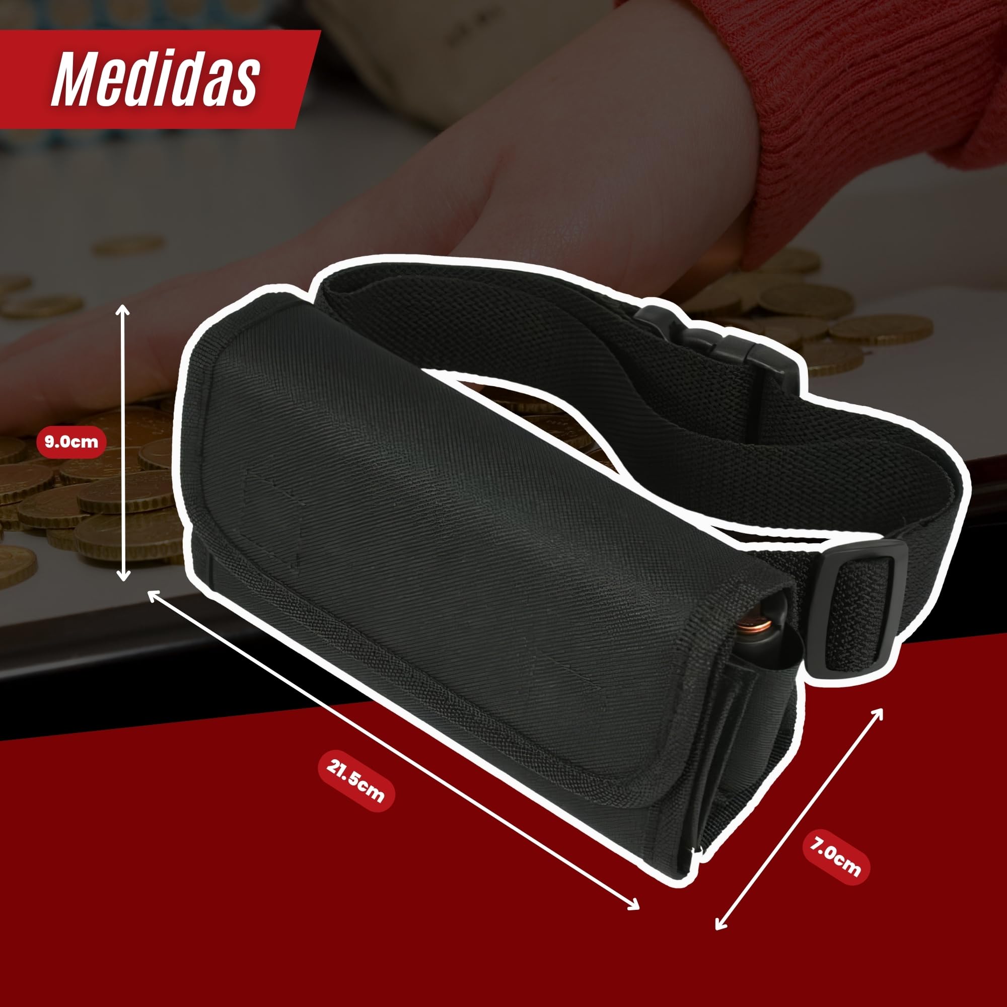 ️ Cartera Dispensador de Monedas y Billetes + Bolígrafo Detector Billetes Falsos - Riñonera Camarero y Dispensador de Monedas para Taxi, Camareros, Vendedores (Negro + Riñonera)