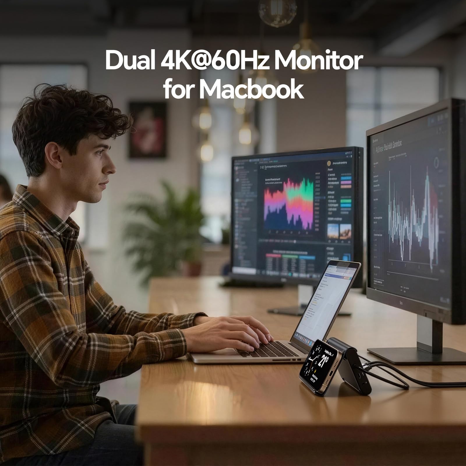 MacBook Docking Station Dual Monitor 4K@60Hz, PD 100W für Pro/Air M4/M5 | PULWTOP Docking Station USB C mit 2xHDMI, 10Gbps USB A/C, Ethernet, Audio, SD/TF, USB2.0 als MacBook Stand - Mitternacht