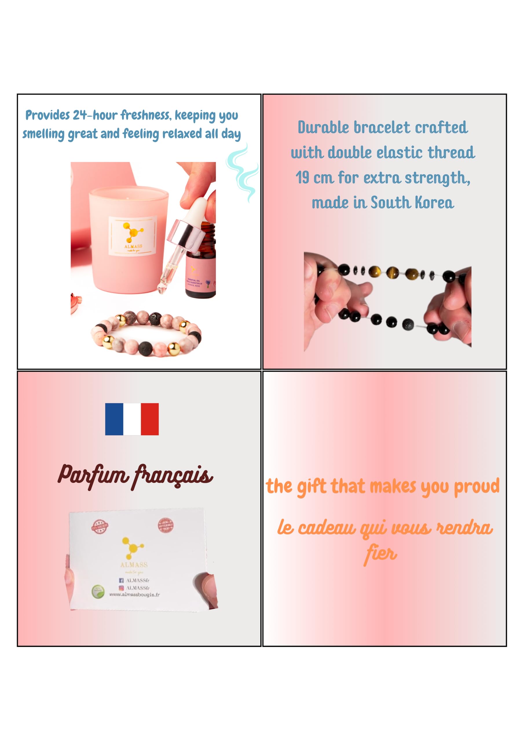 Cadeau pour ma femme - Coffret cadeau - gourmette femme : Bracelet Diffuseur Huile Essentielle 19 cm Artisanal naturel+ 5ml huile essentielle (rose,lavande) + Miroir poche + Bougie parfumée végétale