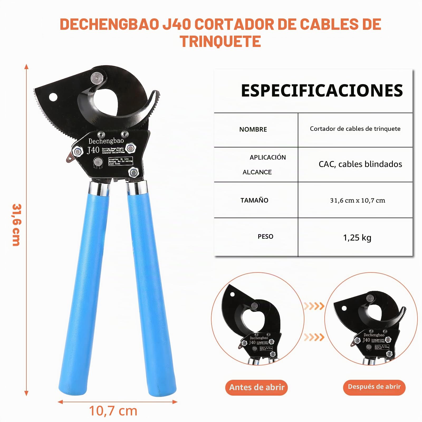J40 - Cortador de alambre de alta resistencia para cable de cobre de aluminio de hasta 400 mm², cortadores de cables de trinquete