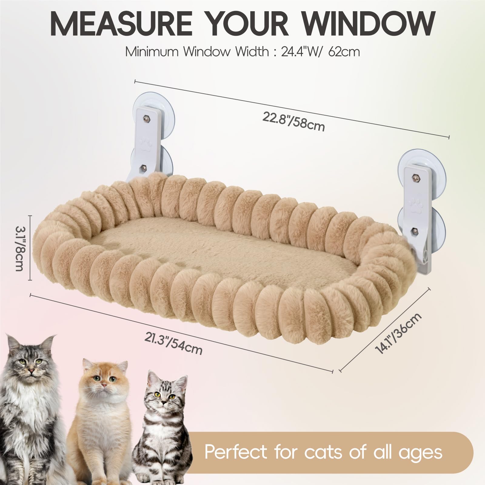 MEWOOFUN Plüsch Katzen hängematte Fenster mit abnehmbarem wendbarem Bezug – weicher Katzen fensterliege mit verdicktem Stahlrahmen, katzenbett Fenster mit 4 Saugnäpfen Stabiler Halt bis 18kg, Kamel