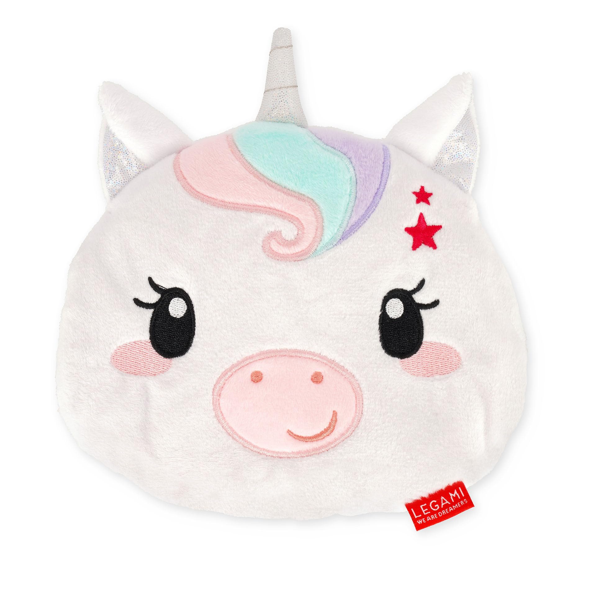 Legami - Mini Cojín Térmico con Semillas de Lino, Warm Cuddles, de Semillas de Lino, Perfume de Lavanda, Poliéster y Algodón, Da Relax, Tema Unicorn, Uso en Microondas o Nevera, 18x19x2.5 cm