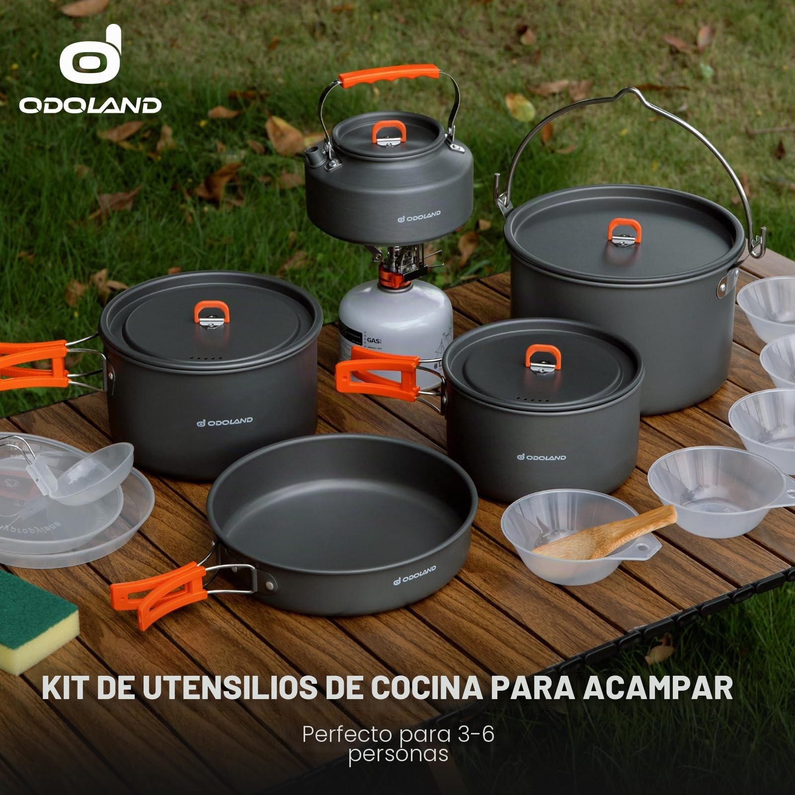 Odoland Kit de Utensilios Cocina Camping de 18 piezas para 1-5 Personas, Kit de Camping con 3 Ollas, 1 Sartén y 1 Hervidor, para Camping Senderismo Viajes Cocina al Aire Libre y Picnics