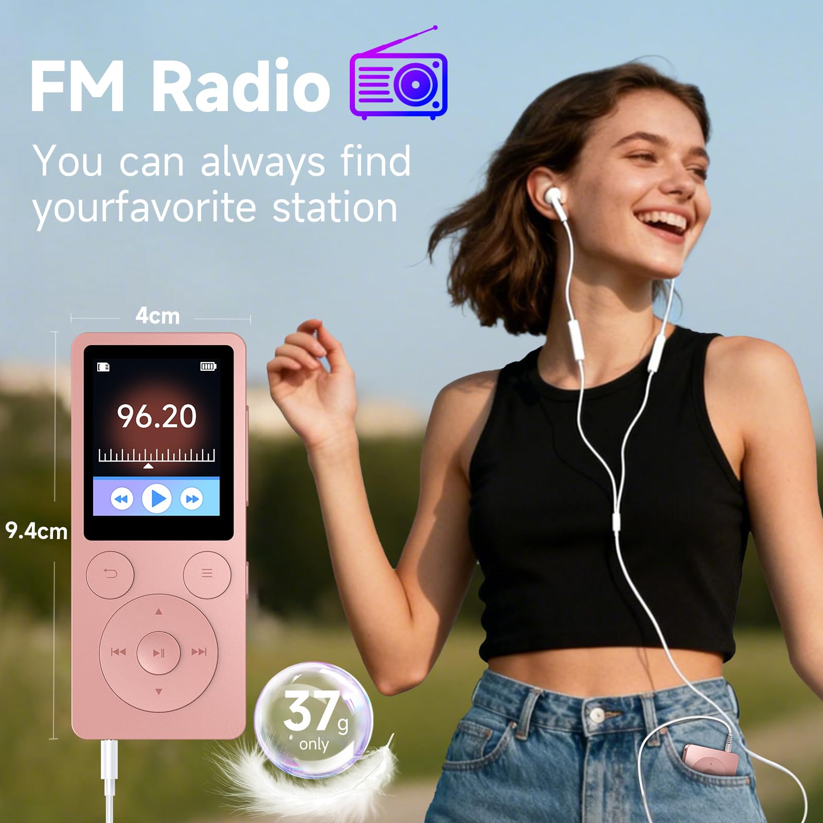 32GB Lettore MP3 Bluetooth 5.3 & Altoparlante – Aggiornamento con Tasti Fisici (Indietro, Menu, Volume), Solo 37g con Cuffie, Radio FM, Registratore Vocale, Design Mini, Espandibile fino a 128GB