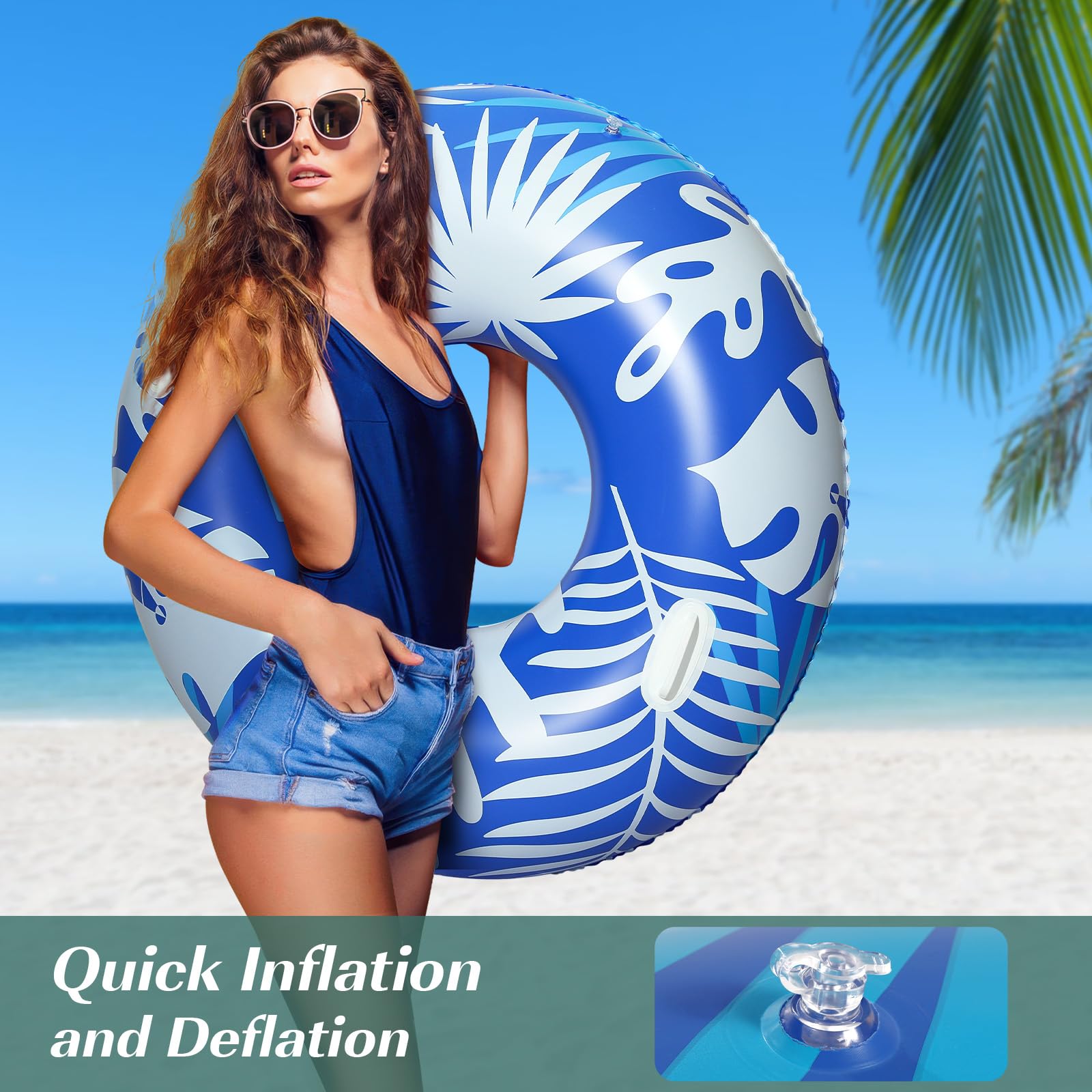 Bouée De Piscine HeySplash 42 Pouces – Flotteur Géant Avec Poignées – Motif Jungle – Rose Et Feuilles