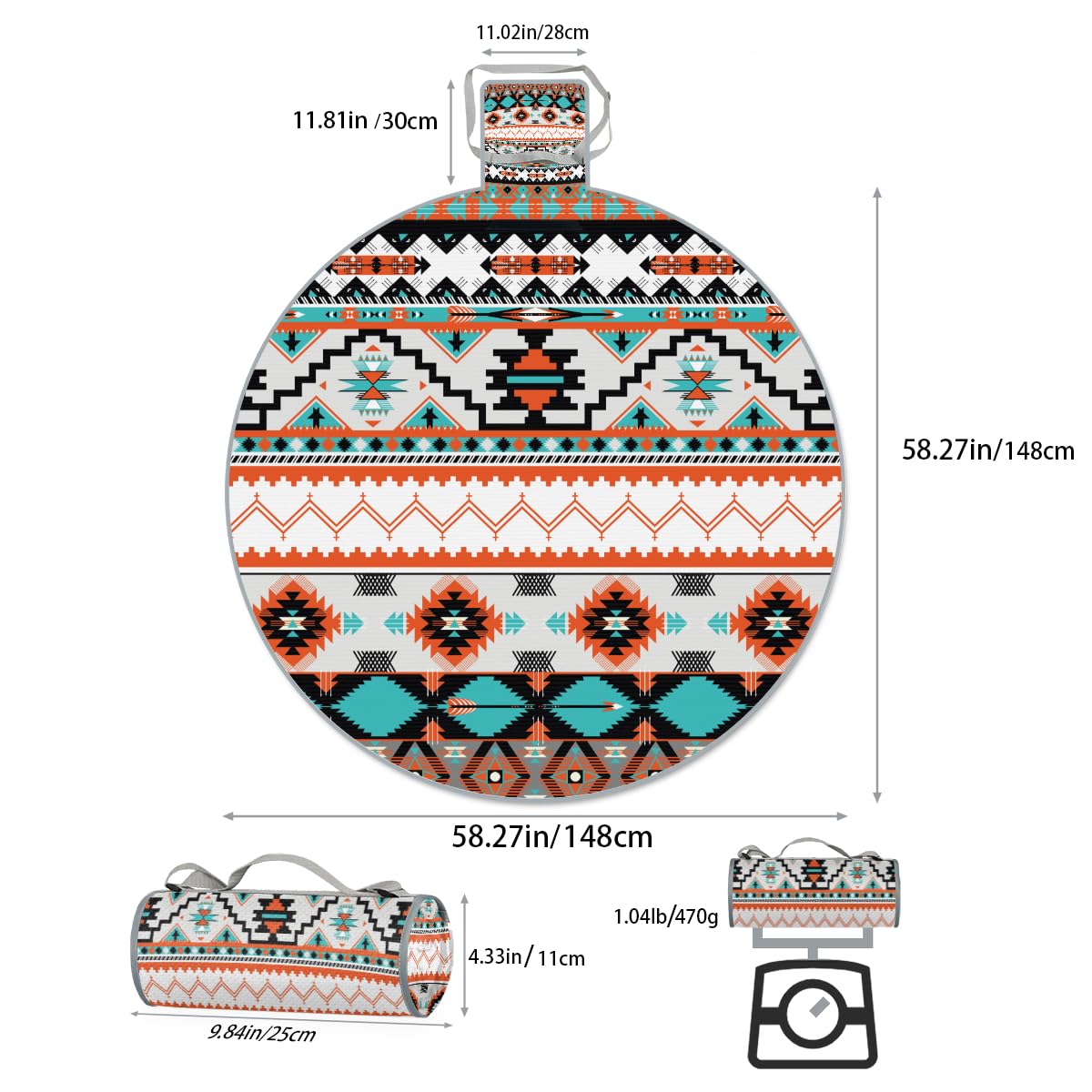 Shimoshe Aztec Geometric Patterns Picnic Outdoor Blanket Foldable Waterproof Sandproof Beach Blanket Portable Water-Resistant Round Picnic Mat for Travel Camping Park Lawn