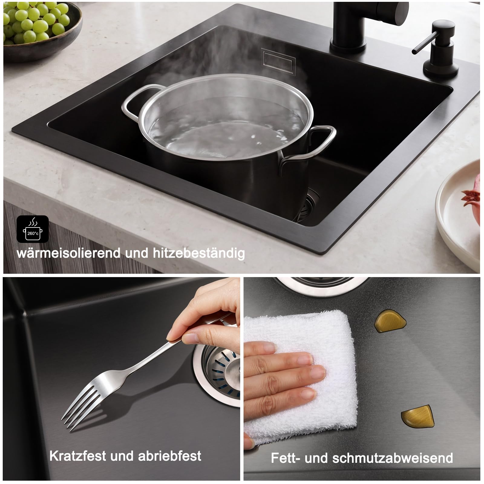 Modernes Spülbecken 45x40 cm, 1 Becken, Schwarze Küchenspüle, Edelstahl, 2 Wasserhahnlöcher, Überlauf