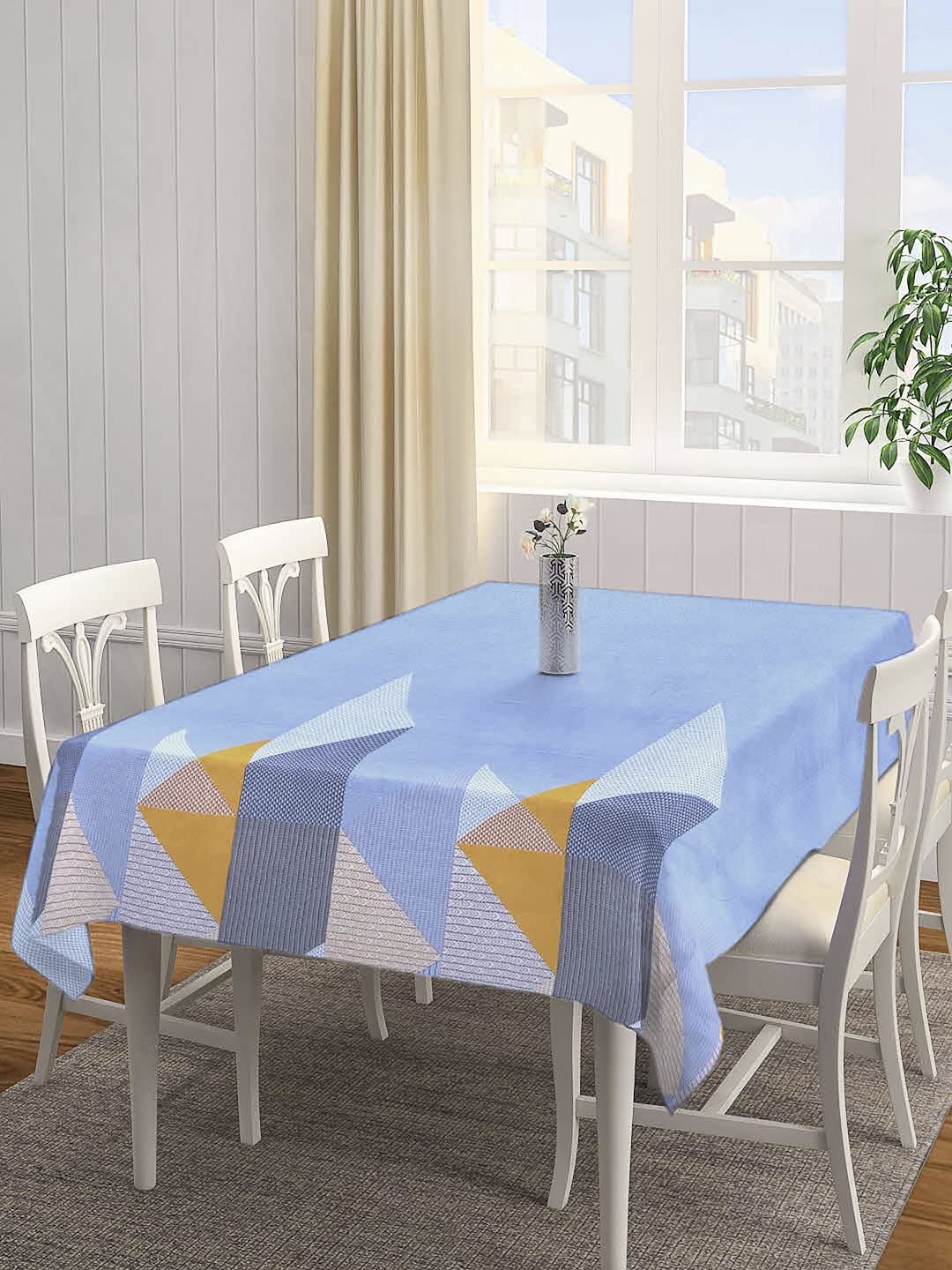 Arrabi Blue Geometric TC Cotton Blend 6 Seater Table Cover | ARTC-1219-Blue