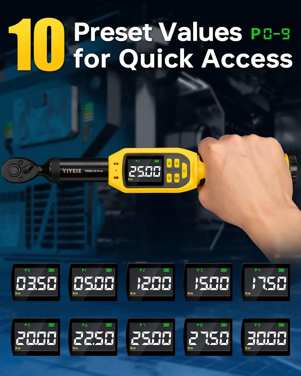 YIYEIE 1/4" Digital Torque Wrench Set | 13.5-265 in-lb | ±1% Accuracy | Deep-Reach Head | Smart Alert Multi | 12PC Bike Torque Wrench Digital for MTB/Motorcycle, with Sockets & Adapters