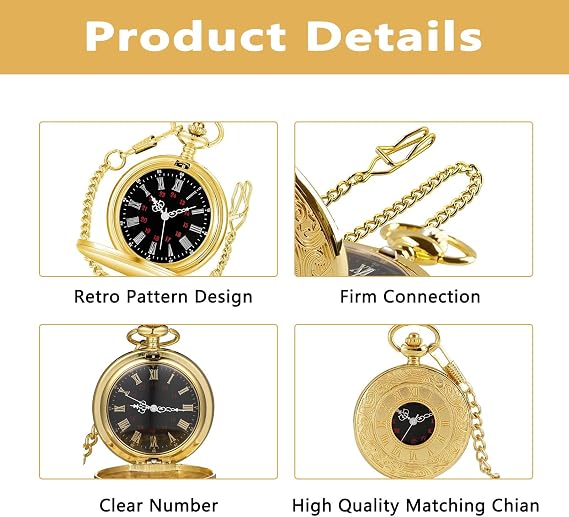 Mens Pocket Watch and Chain Vintage Roman Numerals | Precise Quartz Movement, Detachable Chain, Zinc Alloy Material, Vintage Roman Numerals