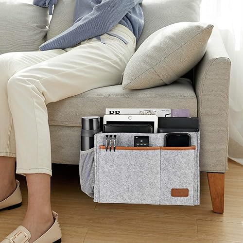 Miniatura 2 de Organizador de cama de fieltro, organizador de bolsa colgante con 5 bolsillos, libro de revistas, teléfono, tableta, iPad, cables, control remoto y