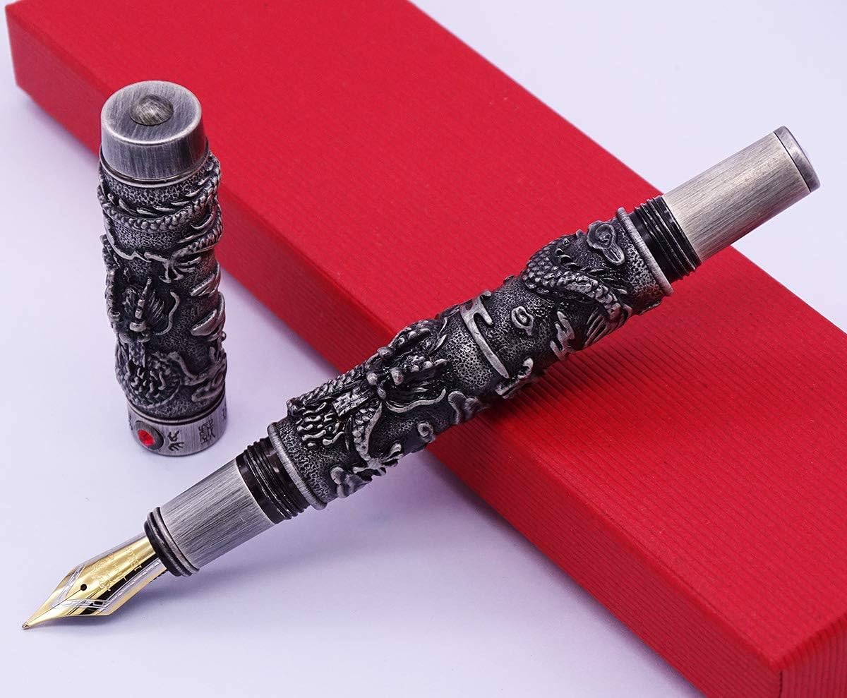 erofa Jinhao Vintage Luxurious Fountain Pen Double Dragon Playing Pearl, Ancient Gray Metal Carving Embossing Heavy Pen Collection