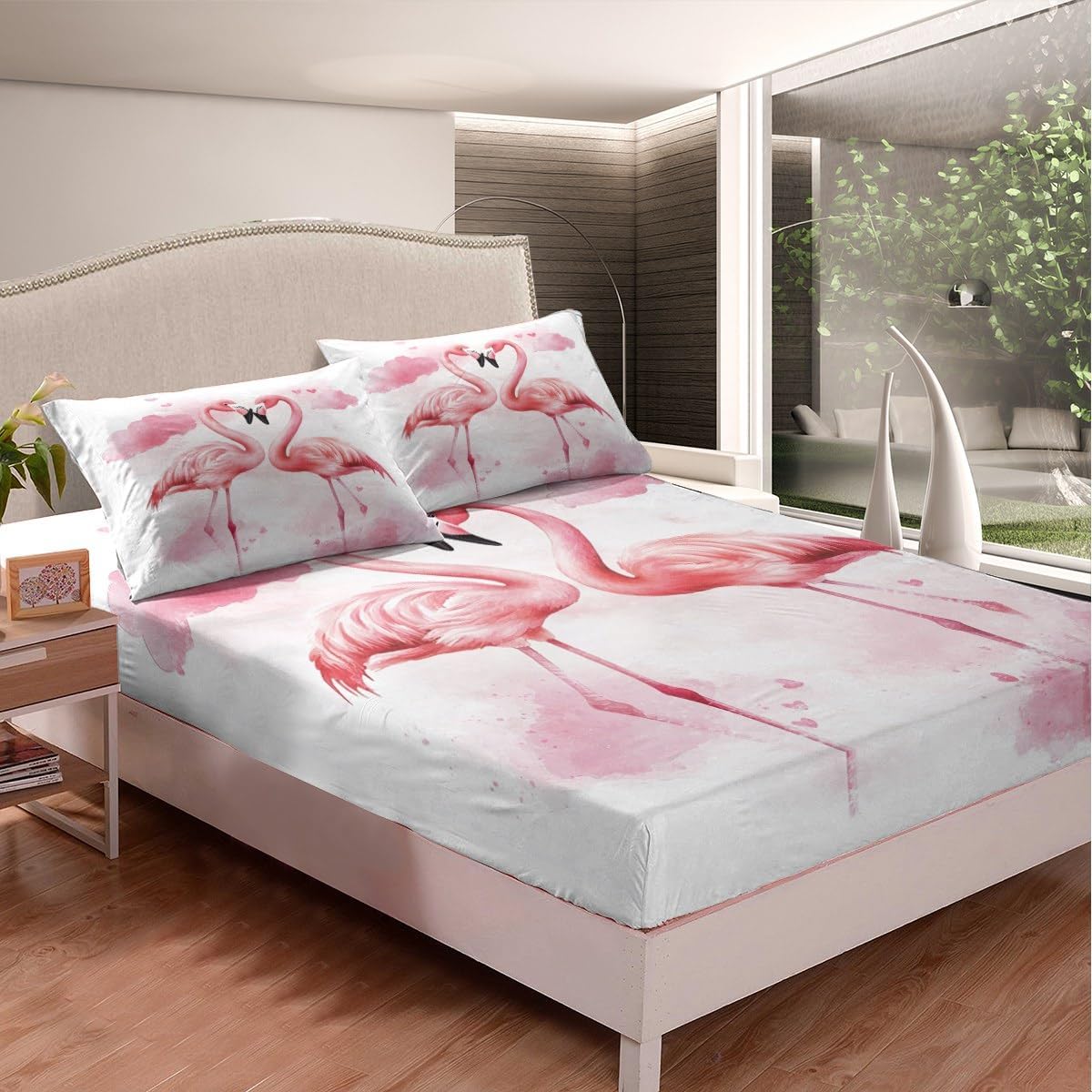 Feelyou Pink Flamingo Sheet Set King Size Kids Tropical Flamingo Ocean Bed Sheets Set for Boys Girls Teens Romantic Animal Sheets with Deep Pocket Fitted Sheet Breathable Bird Bedding Set Bed Set