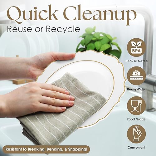 Miniatura 4 de Elegante juego de vajilla de plástico dorado (350 unidades), incluye 50 platos llanos, 50 platos de postre, 50 servilletas, 50 tazas y cubiertos