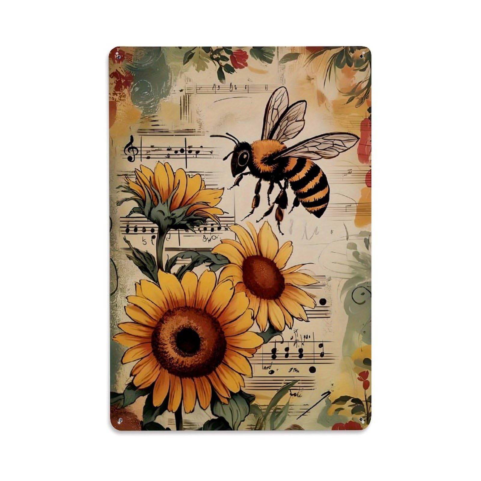 Jdfenggu Vintage Sunflower Bee Music Notes Floral Art Retro Metal Tin Sign, Decor Art Poster For Bar, Home, Man Cave, Kitchen, Laundry Room Gift 8X12inch
