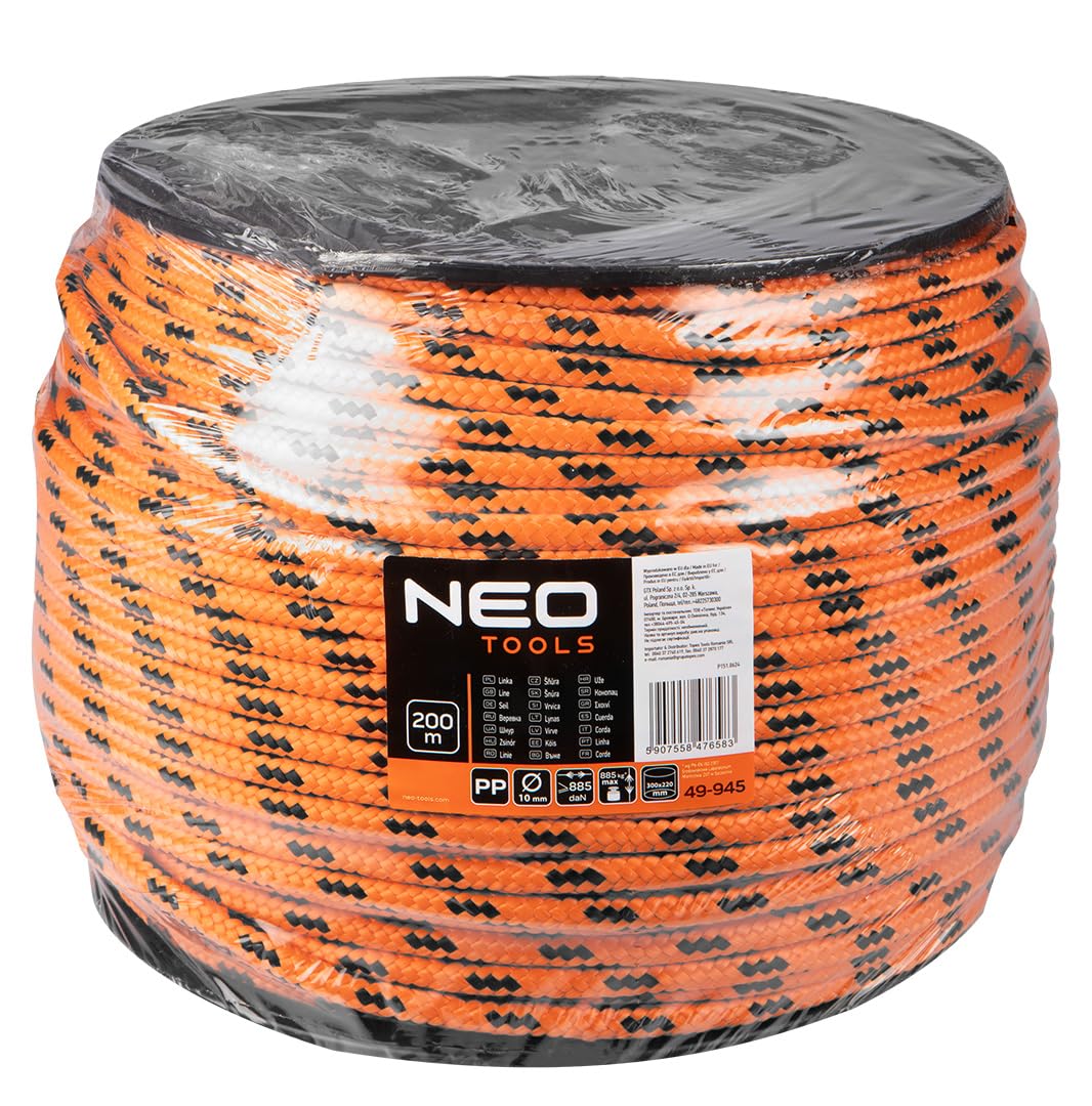 NEO TOOLS Polypropylen Seil 200 m, PolypropylenSeil 10 mm, Tauwerk PP | Flechtleine Textilseil Leine Schnur Festmacher Rope Kordel Kunststoffseil, Outdoor Tauwerk Schnur Festmacher Rope