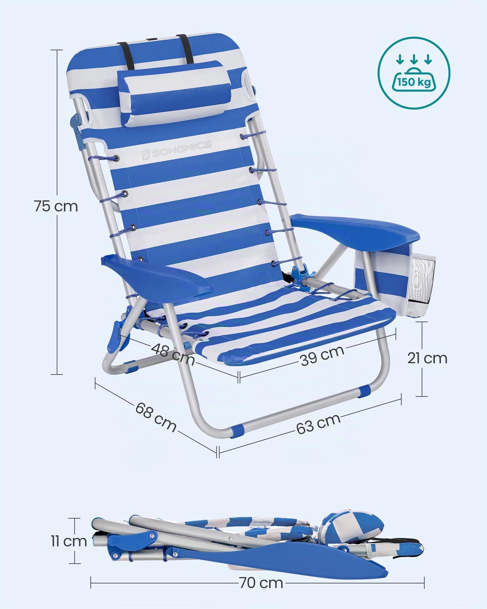 SONGMICS Sedia da spiaggia, sedia da campeggio pieghevole, con tracolla, schienale regolabile, poggiatesta, bracciolo, 2 tasche laterali, blu e bianco GCB62BU