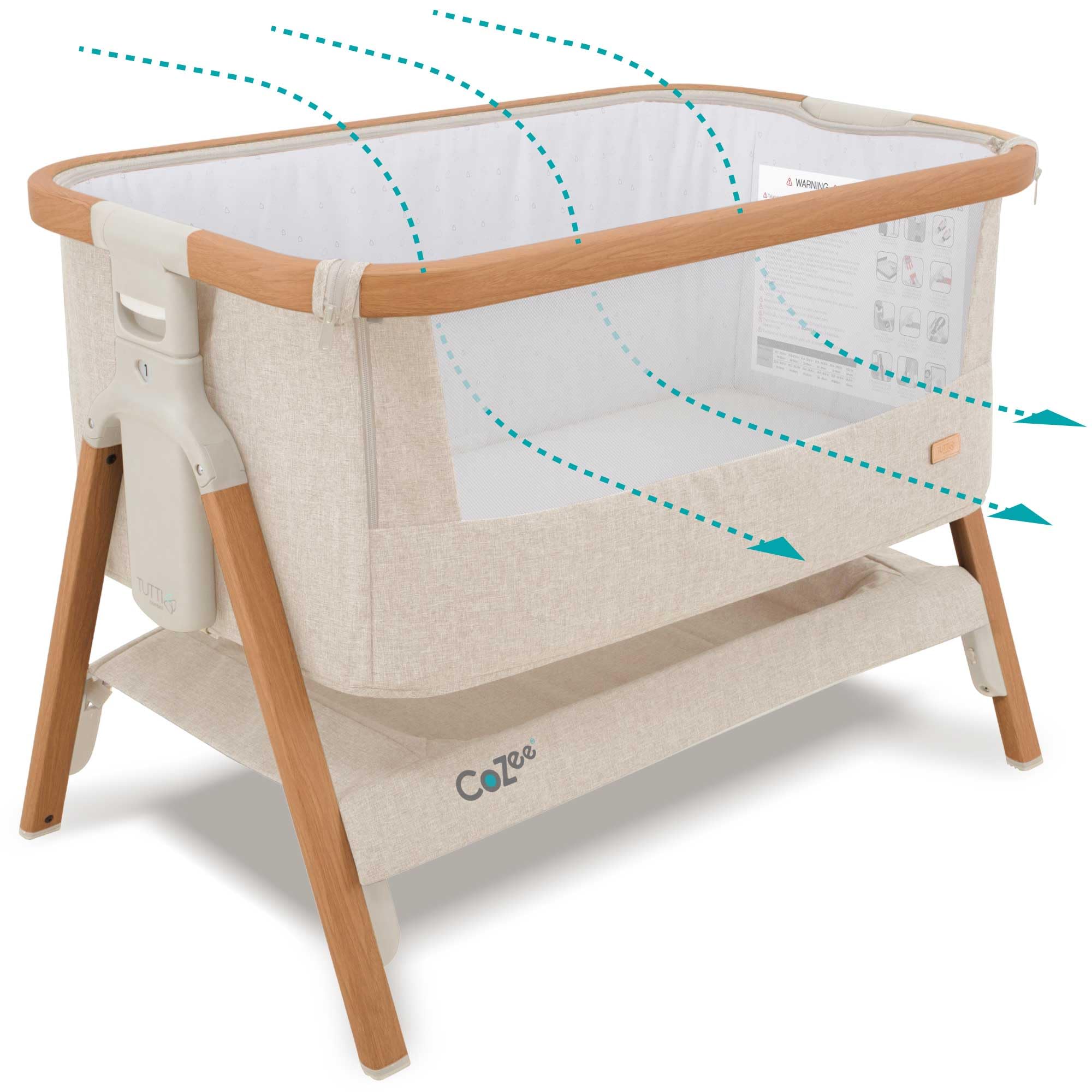 Tutti Bambini CoZee® 2-in-1 Baby Beistellbett & Baby Reisebett mit Matratze - 6-Fach höhenverstellbar mit atmungsaktivem Mesh-Fenster - Faltbares Babybett - 0-6 Monate (Walnuss & Naturweiß)