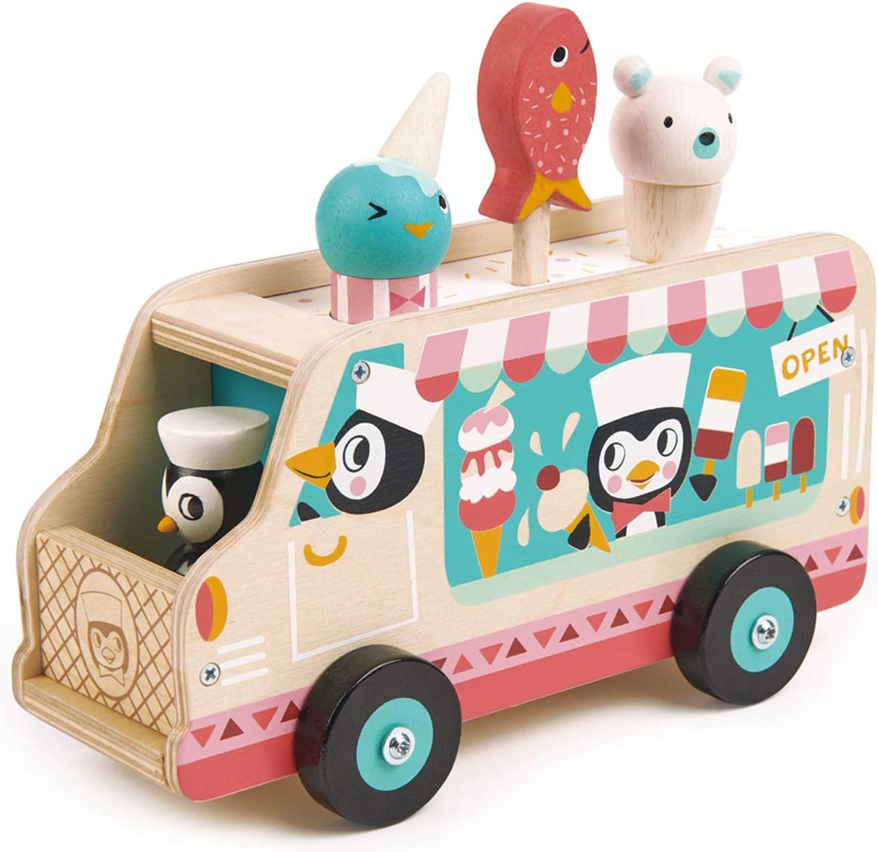 Penguin’s Gelato Van - Food Truck Style Pretend Food Play Ice Cream Wooden Vehicle - Encourage Role Play and Develops Social Skills for Children 18m+