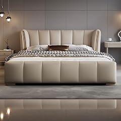 King Size Genuine Leather Wood Bed Upholstered Platform Bed Frame with Wingback Headboard and Storage Drawers Strong Wooden