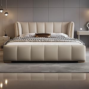 King Size Genuine Leather Wood Bed Upholstered Platform Bed Frame with Wingback Headboard and Storage Drawers Strong Wooden