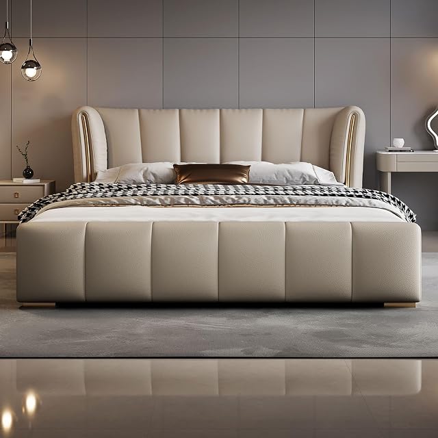 King Size Genuine Leather Wood Bed Upholstered Platform Bed Frame with Wingback Headboard and Storage Drawers Strong Wooden