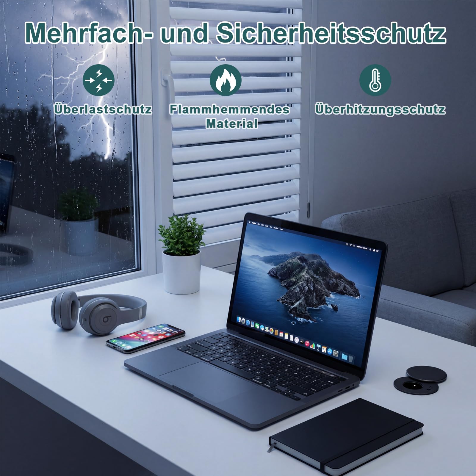 Prise Encastrable Plan de Travail avec 1 Prise, 1 Port USB C, 1 Port USB A, 80 mm de Diamètre, Prolongateur de 1,5M de Câble, Dinolink Prise avec Couvercle équipée pour la Cuisine, Les Meubles, Noir