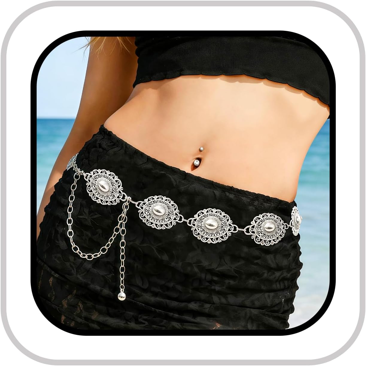 Bohemian-Style Belt and Navel Stud Set, Retro Belt for Fashionable Women, Suitable for Music Festivals