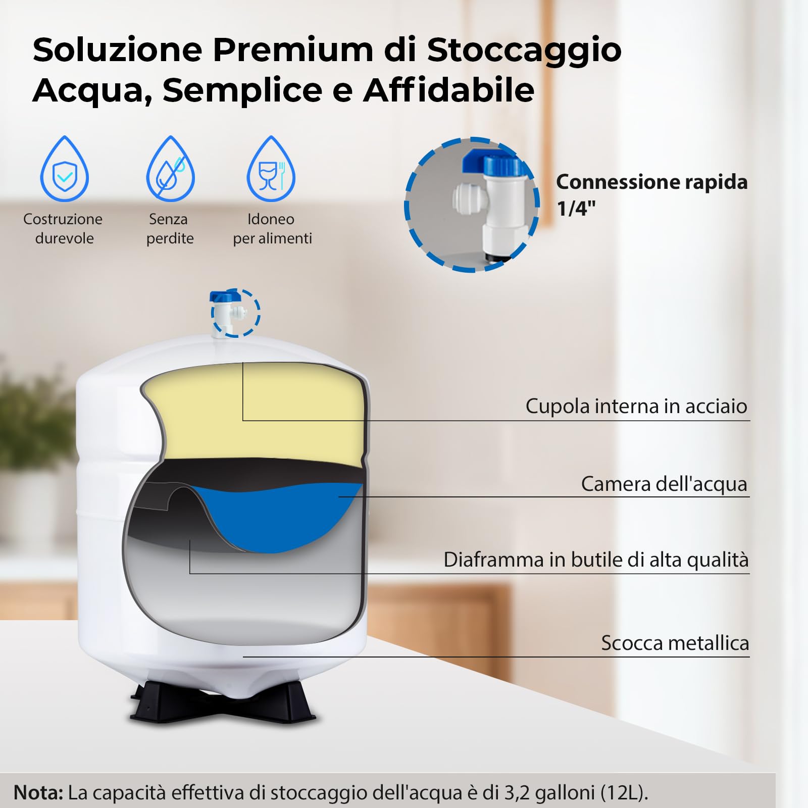 iSpring T32M Serbatoio di Stoccaggio dell'acqua Pressurizzato con Valvola a Sfera per Sistemi ad Osmosi Inversa, 4 Galloni, Valvola del Serbatoio da 1/4" Inclusa
