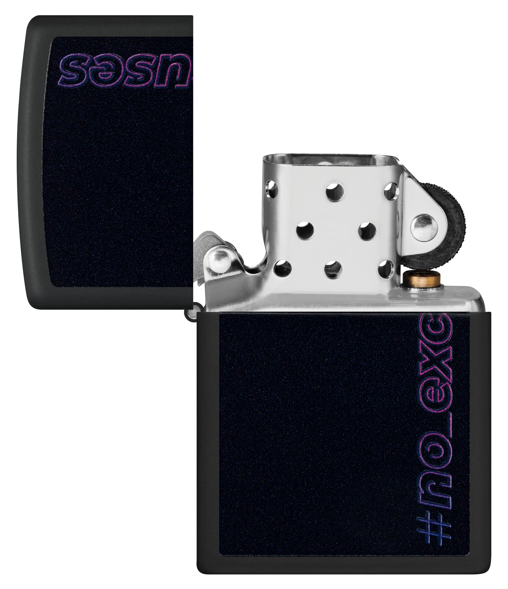 Zippo Sturmfeuerzeug - No Excuses, Black Matte, Black Light - Nachfüllbar - Wiederverwendbar - Windfestes Design - Geschenkbox - Made in USA