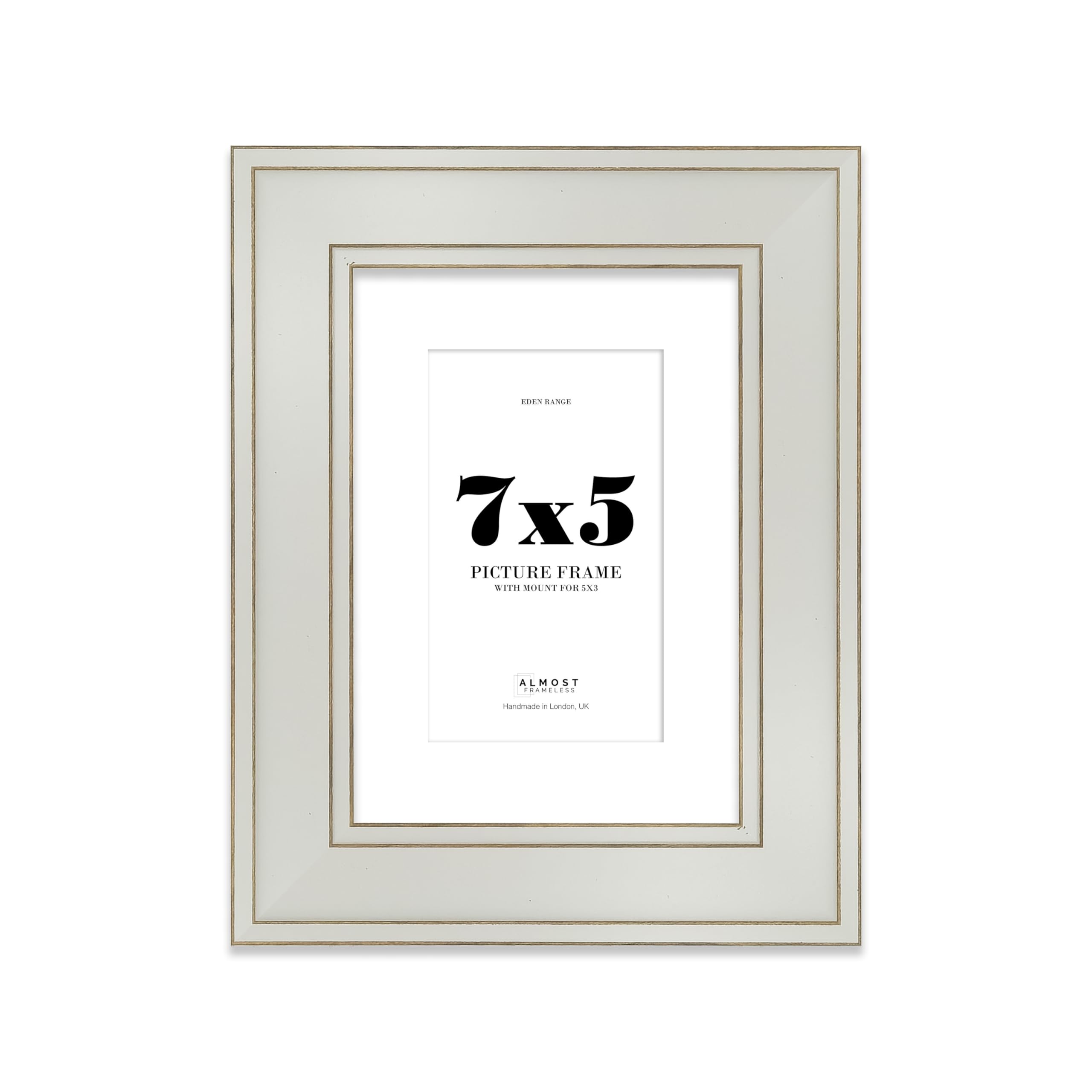 7x5" Light Grey Picture Frame with 5x3" Mount - Shabby Chic Photo Frame with Distressed Finish, Gold Trim, Wall Hooks and Kickstand, 37mm Edge - 1 Pack