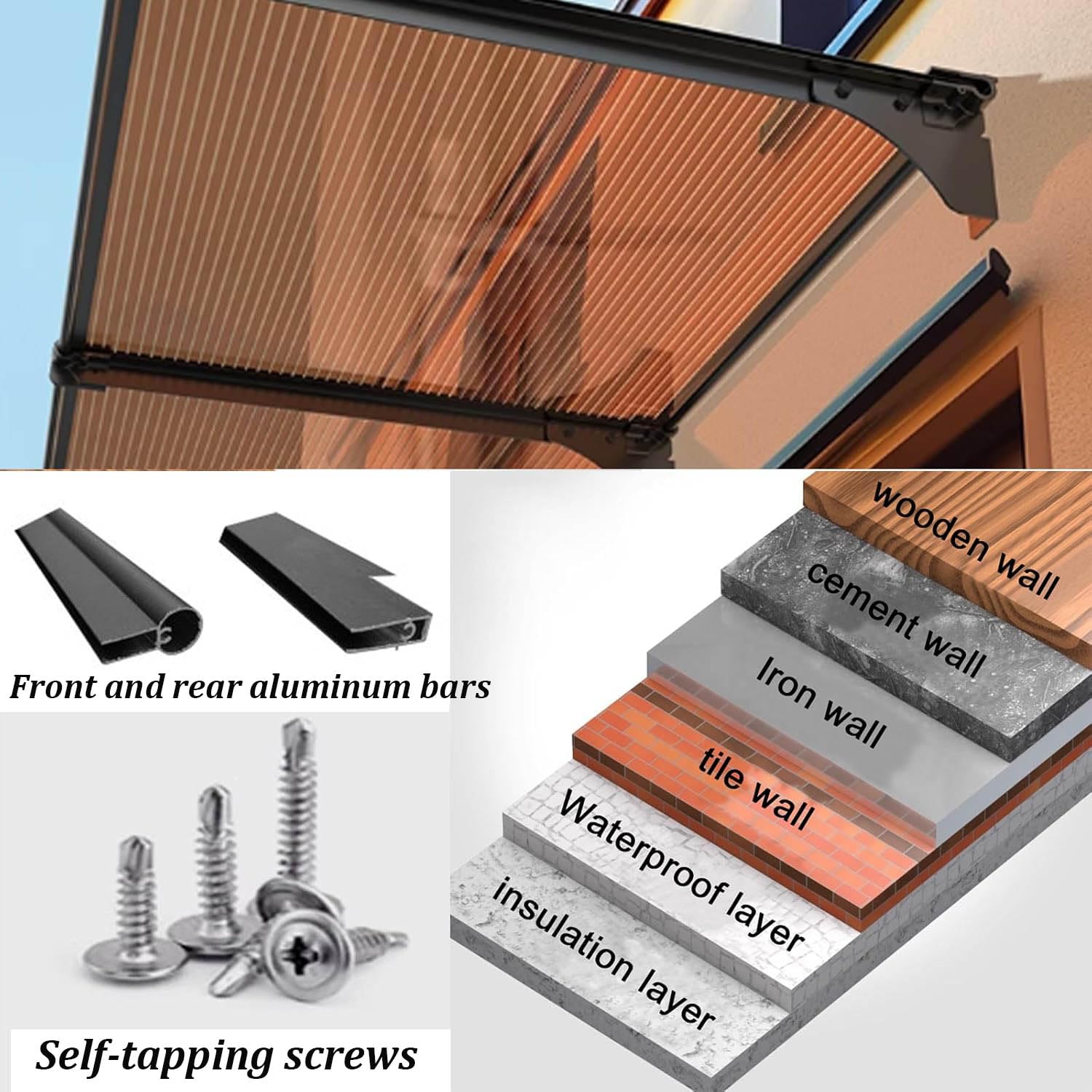 Aluminiowa markiza na okno przednie, wodoodporna, ochrona przed promieniowaniem UV i deszczem, na werandę, patio, do ogrodu, na dach, 65 x 470 cm, ochrona przed deszczem na zewnątrz A01