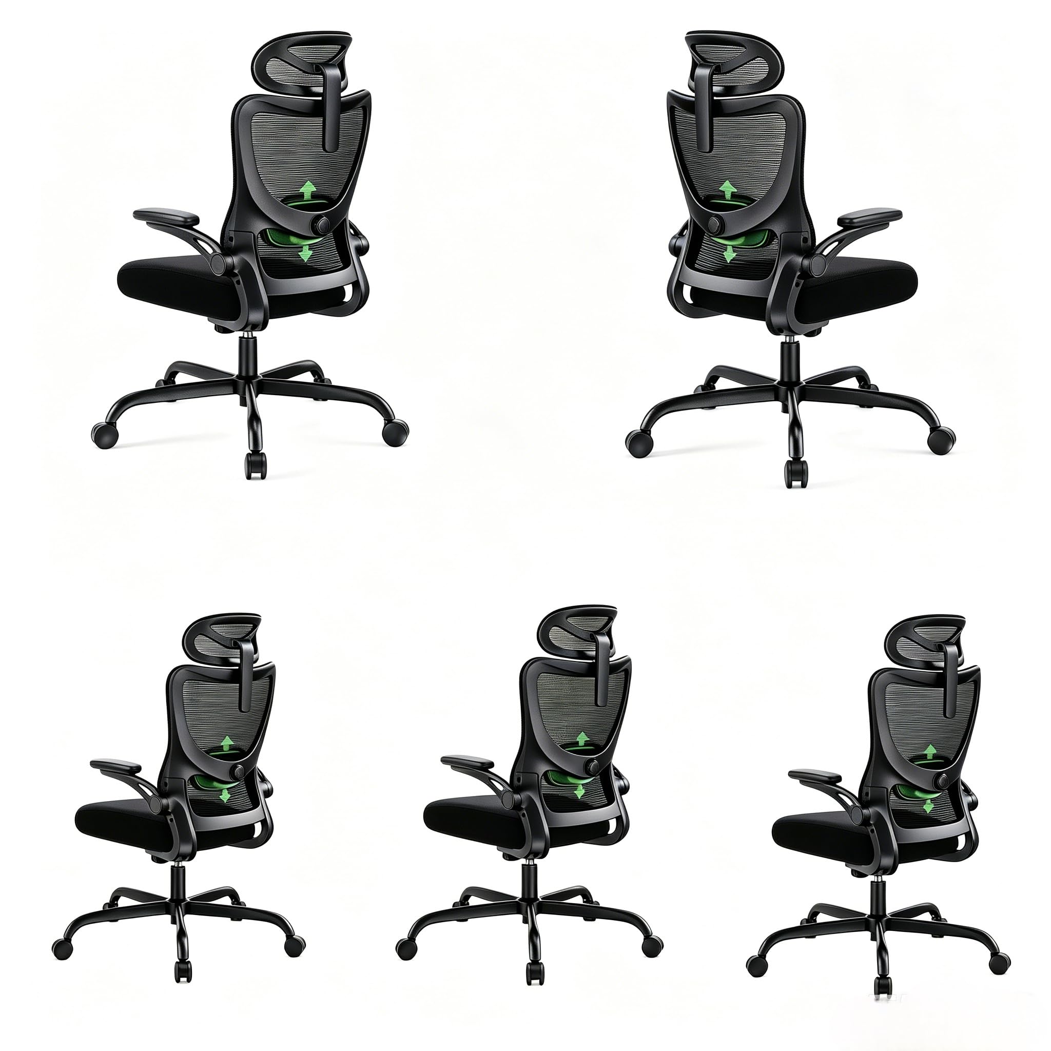 Marsail Ergonomic Office Chair: Computer Desk Chair with High Back Adjustable Lumbar Support 3D Armrests and Headrest 101°-120°Rocking Mesh Swivel Task Chairs for Home Office,5pcs