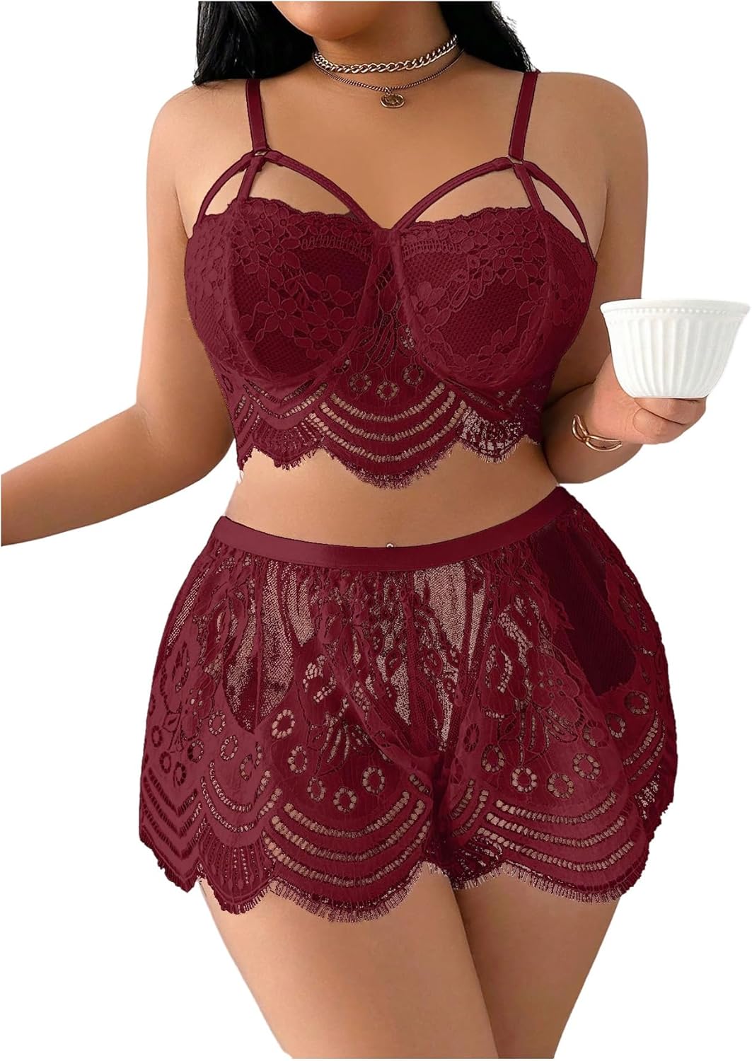 SHENHE Women's Plus Size Lace Pajama Set 2 Piece Cut Out Scallop Trim Cami and Shorts Bridal Wedding Sleepwear