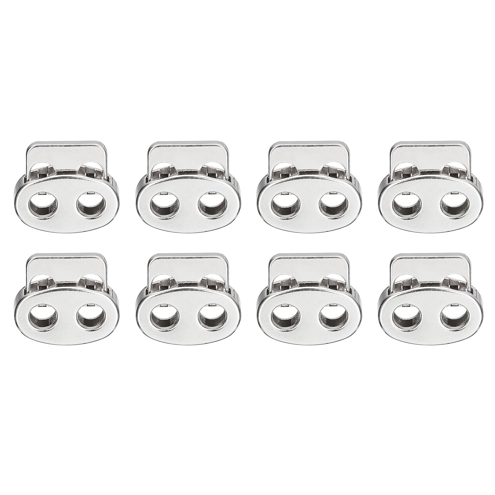 sourcing map Spring Cord Lock End Toggle, 8Pcs Double Hole Spring Stopper Alloy Fastener Slider Toggles Clip for Drawstrings, Shoelaces, Bags Silver White