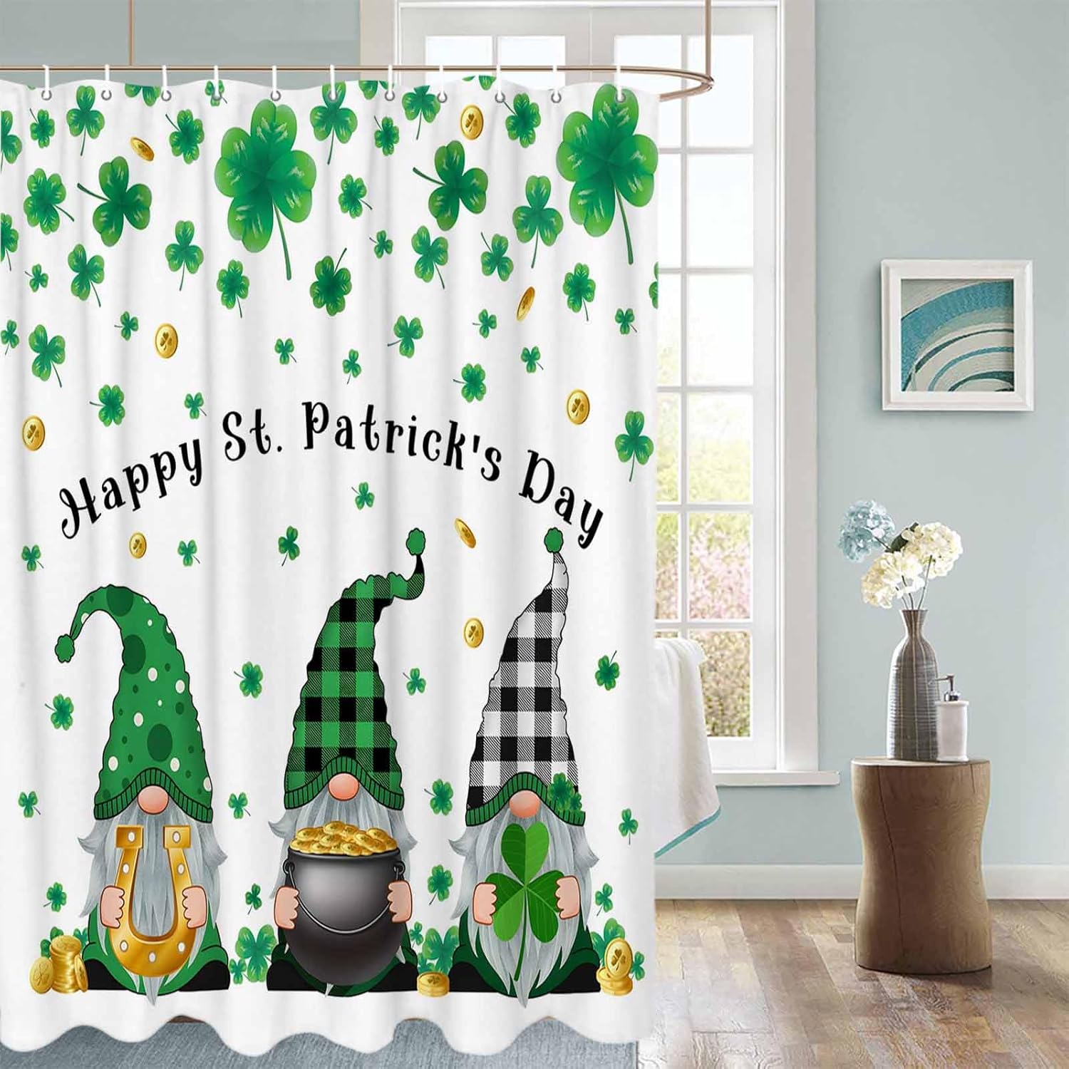 St Patrick Shower Curtain 72 inches Long Gnome with Shamrocks Green Polyester Fabric Shower Curtain with Hooks,Waterpoof Shower Curtains for Bathroom Showers and Bathtubs 36x72in