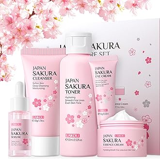 5Pcs Skin Care Set Sakura Women Beauty Gift Sets Korean Skin Care Kit with Cleanser, Face Serum, Face Cream,Toner,Eye Cream, Mud Mask - Skin Care Routine Kit for Women (Sakura)